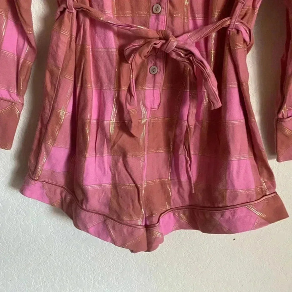 Victoria’s Secret Flannel Tie Romper Cherry Plaid Gold Trim Y2K Loungewear S - Picture 8 of 13